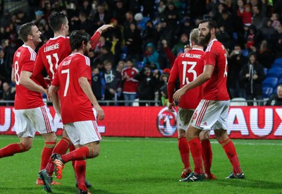 131115 - Wales v Netherlands, Vauxhall International Friendly - Joe Ledley of Wales celebrates scoring after Joe Allen of Wales has his penalty shot saved by Netherlands goalkeeper Jasper Cillessen