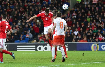 131115 - Wales v Netherlands, Vauxhall International Friendly - Emyr Huws of Wales heads to score Wales' second goal