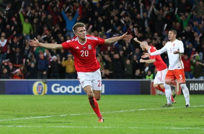131115 - Wales v Netherlands, Vauxhall International Friendly - Emyr Huws of Wales celebrates after scoring Wales' second goal