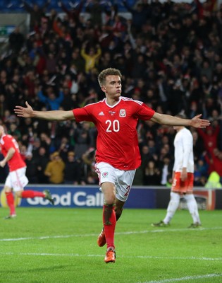 131115 - Wales v Netherlands, Vauxhall International Friendly - Emyr Huws of Wales celebrates after scoring Wales' second goal