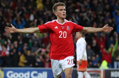 131115 - Wales v Netherlands, Vauxhall International Friendly - Emyr Huws of Wales celebrates after scoring Wales' second goal