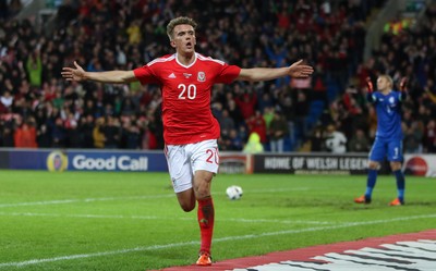 131115 - Wales v Netherlands, Vauxhall International Friendly - Emyr Huws of Wales celebrates after scoring Wales' second goal