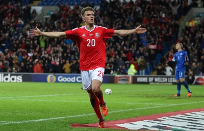 131115 - Wales v Netherlands, Vauxhall International Friendly - Emyr Huws of Wales celebrates after scoring Wales' second goal