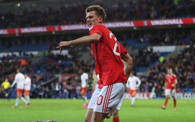 131115 - Wales v Netherlands, Vauxhall International Friendly - Emyr Huws of Wales celebrates after scoring Wales' second goal