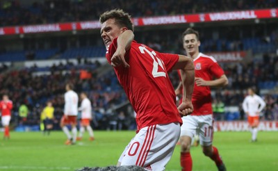 131115 - Wales v Netherlands, Vauxhall International Friendly - Emyr Huws of Wales celebrates after scoring Wales' second goal