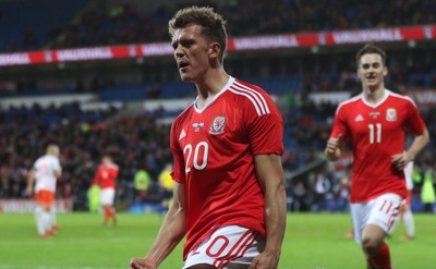 131115 - Wales v Netherlands, Vauxhall International Friendly - Emyr Huws of Wales celebrates after scoring Wales' second goal