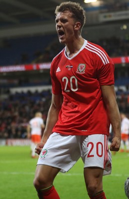 131115 - Wales v Netherlands, Vauxhall International Friendly - Emyr Huws of Wales celebrates after scoring Wales' second goal