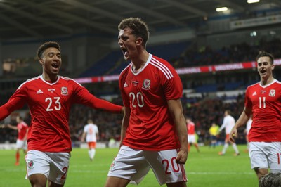 131115 - Wales v Netherlands, Vauxhall International Friendly - Emyr Huws of Wales celebrates after scoring Wales' second goal