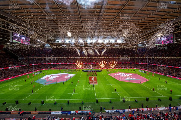 051122 - Wales v New Zealand - Autumn Nations Series - Prematch pyrotechnics inside Principality Stadium with the roof closed 