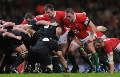07.11.09 - Wales v New Zealand - Invesco Perpetual Series 2009 - Paul James, Matthew Rees and Gethin Jenkins of Wales. 