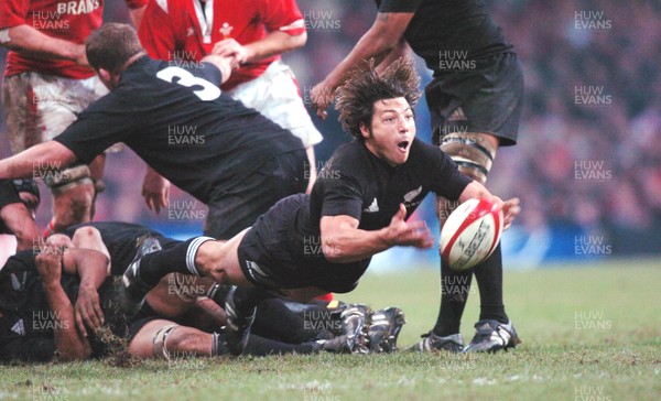 20-11-04. Wales v New Zealand   All Blacks' Byron Kelleher gets ball away.  