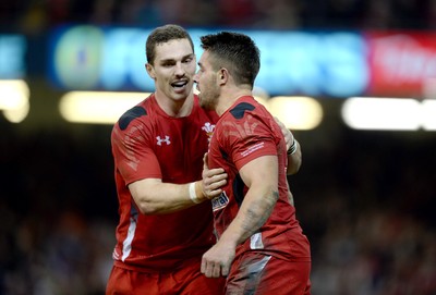 221114 - Wales v New Zealand All Blacks - Dove Men Care -George North congratulates Rhys Webb of Wales after try