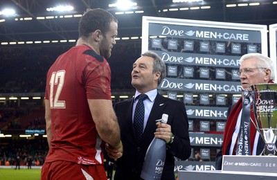 221114 - Wales v New Zealand All Blacks - Dove Men Care -Jamie Roberts of Wales receives his man of the match award and show his support for injured rugby player Owen Williams