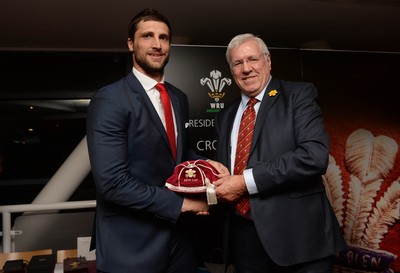 221114 - Wales v New Zealand All Blacks - Dove Men Care -Luke Charteris receives his 50th cap from WRU President Dennis Gethin