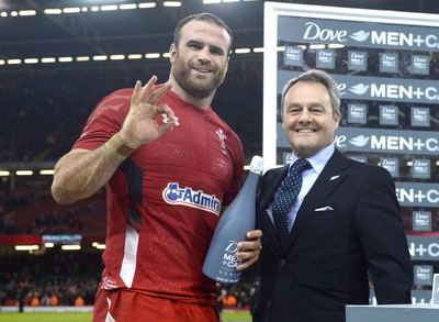 221114 - Wales v New Zealand All Blacks - Dove Men Care -Jamie Roberts of Wales receives his man of the match award and show his support for injured rugby player Owen Williams