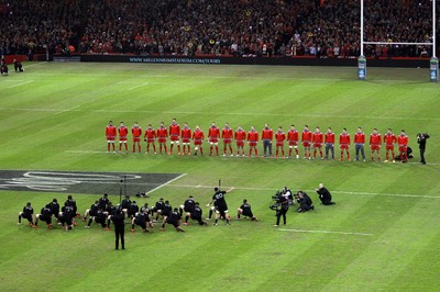 221114 - Wales v New Zealand - Dove Men Series 2014 - The Wales team face the haka