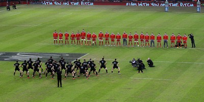 221114 - Wales v New Zealand - Dove Men Series 2014 - The Wales team face the haka