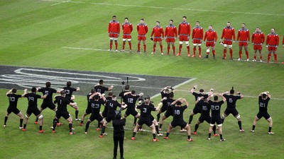 221114 - Wales v New Zealand - Dove Men Series 2014 - The Wales team face the haka