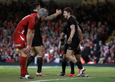 221114 - Wales v New Zealand - Dove Men Series 2014 - Beauden Barrett of New Zealand celebrates scoring a try