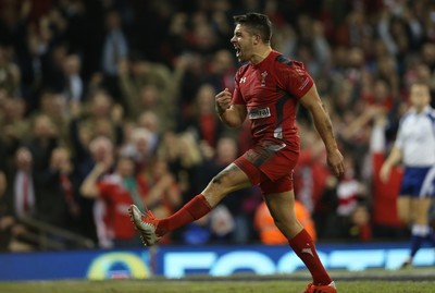 221114 -  Wales v New Zealand, Dove Men Series 2014, Cardiff - Rhys Webb of Wales celebrates after scoring try 