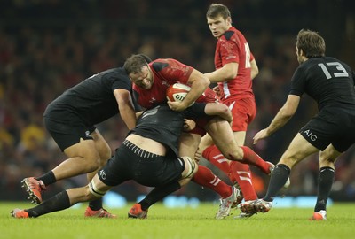 221114 -  Wales v New Zealand, Dove Men Series 2014, Cardiff - Jamie Roberts of Wales is tackled by Sam Whitelock of New Zealand