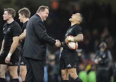 221114 - Wales v New Zealand -New Zealand's Steve Hansen all smiles with Aaron Smith at the end of the game