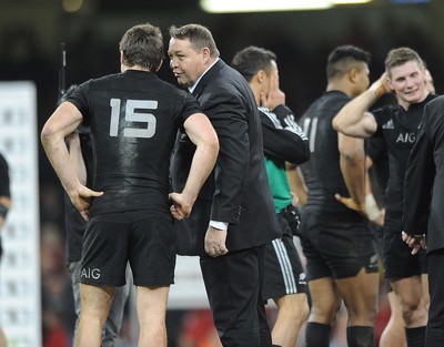 221114 - Wales v New Zealand -New Zealand's Steve Hansen all smiles with Ben Smith at the end of the game