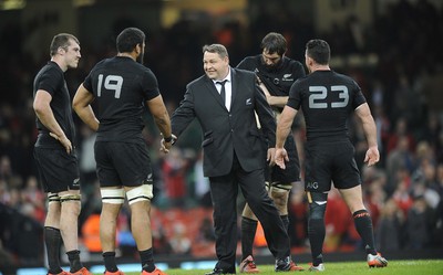 221114 - Wales v New Zealand -New Zealand's Steve Hansen celebrates at the end of the game