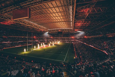 221125 - Wales v New Zealand - Quilter Nations Series - General view of the Stadium light show and pyrotechnics ahead of the game 
