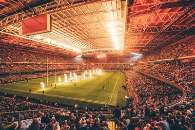 221125 - Wales v New Zealand - Quilter Nations Series - General view of the Stadium light show and pyrotechnics ahead of the game 