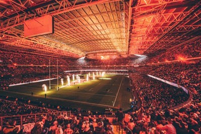 221125 - Wales v New Zealand - Quilter Nations Series - General view of the Stadium light show and pyrotechnics ahead of the game 