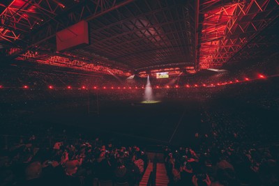 221125 - Wales v New Zealand - Quilter Nations Series - Stadium Pre match light show as New Zealand perform the Haka ahead of the game 