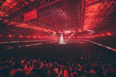 221125 - Wales v New Zealand - Quilter Nations Series - Stadium Pre match light show as the All Blacks perform the Haka