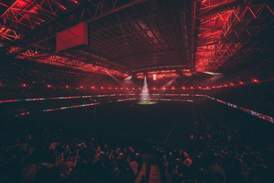221125 - Wales v New Zealand - Quilter Nations Series - Stadium Pre match light show as New Zealand perform the Haka ahead of the game 