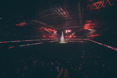221125 - Wales v New Zealand - Quilter Nations Series - Stadium Pre match light show as New Zealand perform the Haka ahead of the game 