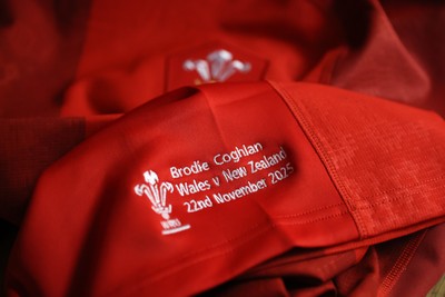 221125 - Wales v New Zealand - Quilter Nations Series - Brodie Coghlan of Wales jersey before the game