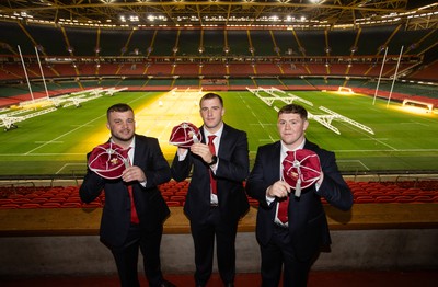 221125 - Wales v New Zealand All Blacks - Quilter Nations Series - New Caps Harri Deaves, Morgan Morse and Brodie Coghlan of Wales 