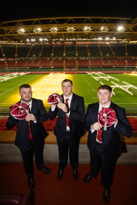 221125 - Wales v New Zealand All Blacks - Quilter Nations Series - New Caps Harri Deaves, Morgan Morse and Brodie Coghlan of Wales 