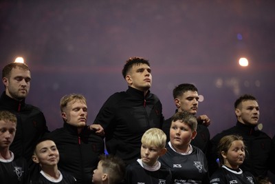 221125 - Wales v New Zealand All Blacks - Quilter Nations Series - Max Llewellyn, Blair Murray, Dafydd Jenkins, Joe Hawkins and Jarrod Evans of Wales during the anthem