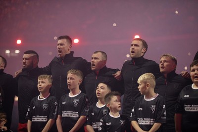 221125 - Wales v New Zealand All Blacks - Quilter Nations Series - Gareth Thomas, Adam Beard, Nick Tompkin, Max Llewellyn and Blair Murray of Wales during the anthem