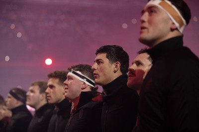 221125 - Wales v New Zealand All Blacks - Quilter Nations Series - Louis Rees-Zammit of Wales during the anthem
