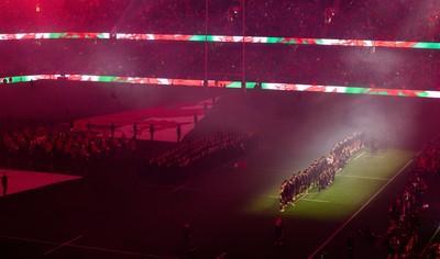 221125 - Wales v New Zealand, Quilter Nations Series - The teams line up for the anthems