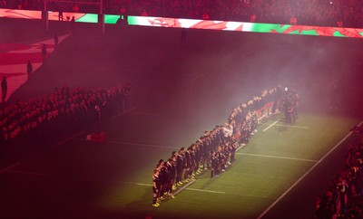 221125 - Wales v New Zealand, Quilter Nations Series - The teams line up for the anthems