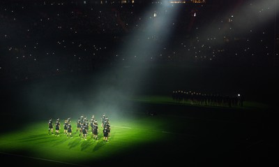 221125 - Wales v New Zealand, Quilter Nations Series - The Wales team face up to the Haka