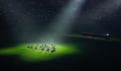 221125 - Wales v New Zealand, Quilter Nations Series - The Wales team face up to the Haka