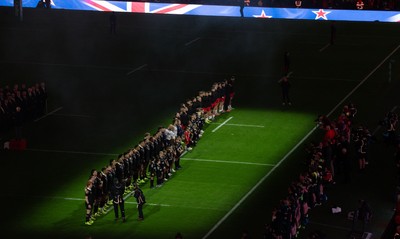 221125 - Wales v New Zealand, Quilter Nations Series - The teams line up for the anthems ahead of the match