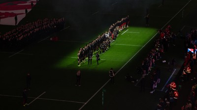 221125 - Wales v New Zealand, Quilter Nations Series - The teams line up for the anthems ahead of the match