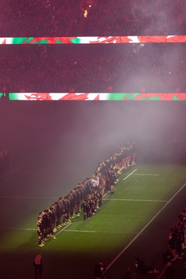 221125 - Wales v New Zealand, Quilter Nations Series - The teams line up for the anthems ahead of the match