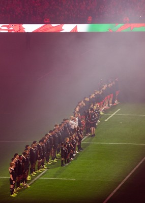 221125 - Wales v New Zealand, Quilter Nations Series - The teams line up for the anthems ahead of the match