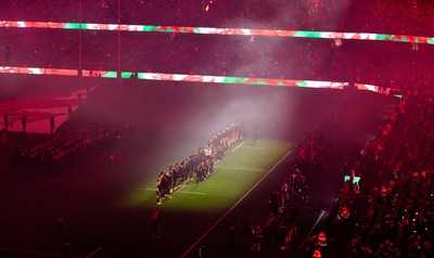221125 - Wales v New Zealand, Quilter Nations Series - The teams line up for the anthems ahead of the match